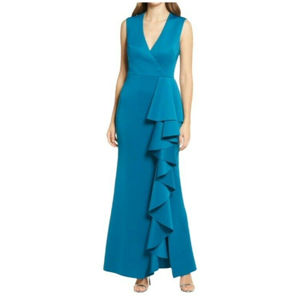 ELIZA J Womens In Peacock Ruffle Stretch Satin Gown Size 8